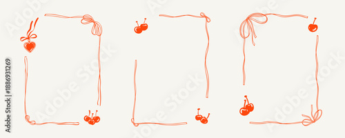 Whimsical vintage frame with cherry, heart details and pink bows for bachelorette party invitations, wedding cards, romantic Valentines Day designs with coquette charm and retro elegance