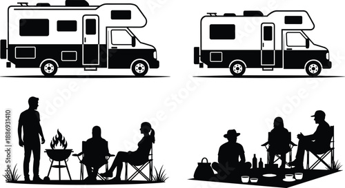 Black and white vector silhouette set of recreational vehicles and people camping around a campfire and enjoying an outdoor picnic adventure on a white background