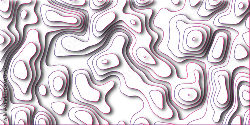 Topographic map style abstract background with swirling contour lines in purple and pink gradients against a clean white backdrop with soft shadows