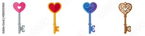 Key with heart top  Flat Vector Illustration on Transparent Background