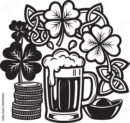 St. patrick's day celebration vector art with shamrocks, beer, and gold Vector