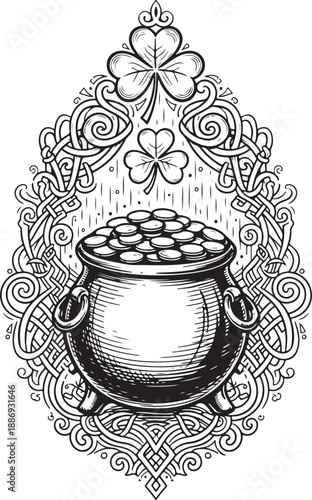 Hand-drawn celtic pot of gold with shamrocks vector Vector