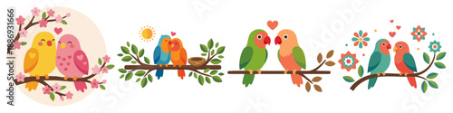 Lovebirds on branch  Flat Vector Illustration on Transparent Background