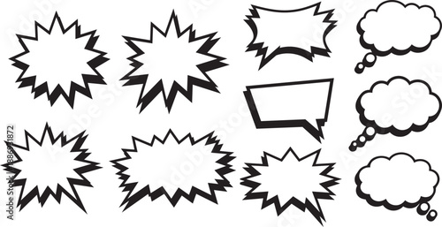 Set of comic speech bubbles and explosion shapes. Vector retro black and white communication balloons, thought clouds, and bang effects.