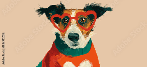Doodle dog wearing a red heart sweater with heart-shaped glasses. Dog wearing red heart sweater and glasses for Valentine
