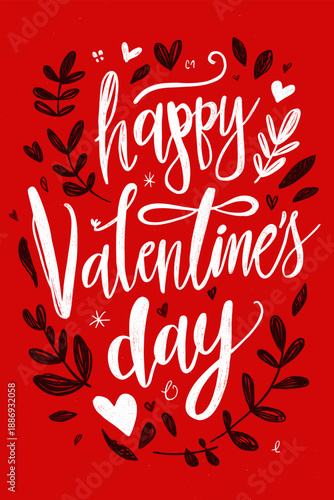 Calligraphy Happy Valentine's Day lettering on a red background with hearts and leaves. Happy Valentine's Day calligraphy lettering on red background