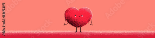 Happy cartoon heart character standing on pink background with small heart above its head. Cute cartoon heart character celebrating Valentine's Day
