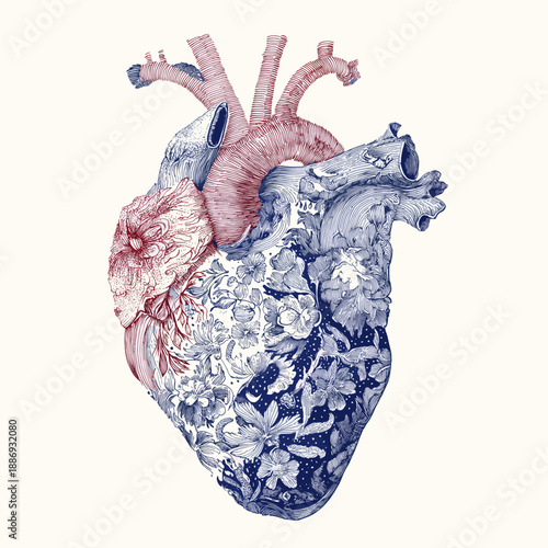 Decorative human heart combining anatomical and intricate floral designs on a white background. Anatomical heart drawing featuring ornate floral patterns
