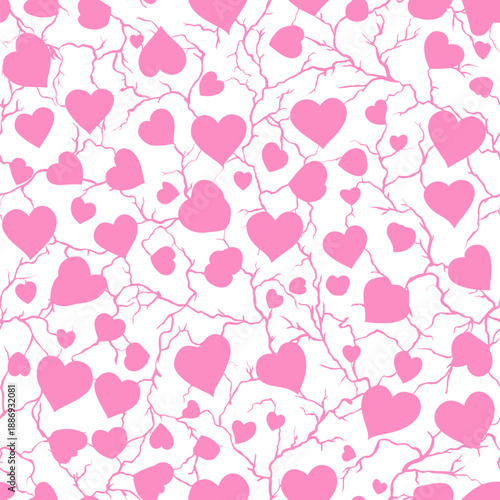 Pink hand-drawn hearts forming a seamless pattern on a white background. Pink heart pattern creating simple love background