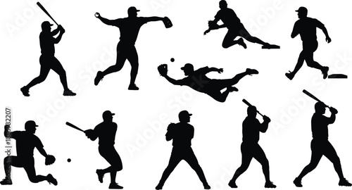 Black and white baseball player silhouette set showing batting, pitching, catching, and running actions for sports illustration and athletic design