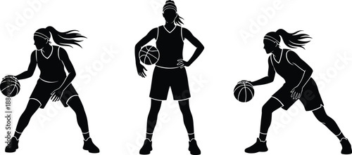 Silhouettes of three female basketball players in active poses including dribbling and standing for sports, athlete, and vector design content