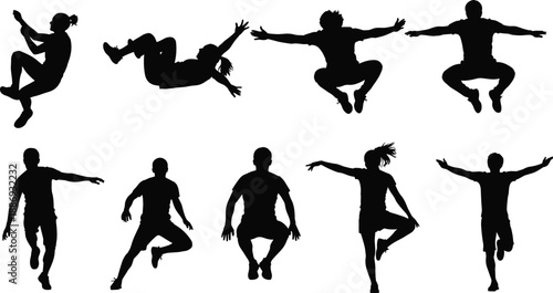 Black and white jumping people silhouette set featuring dynamic airborne poses for fitness, dance, sports action, and energetic design projects