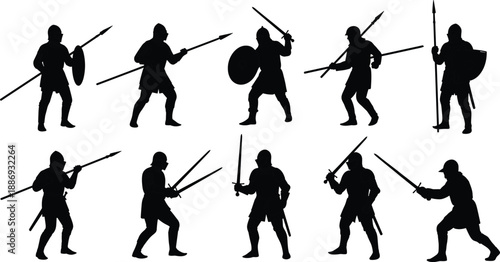 Black and white medieval warrior silhouette set showing soldiers with swords, spears, and shields for historical battle illustration and design use