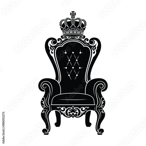 Ornate throne with a crown and intricate carvings Keywords: throne, royal, king, queen, monarchy