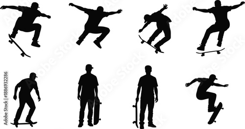 Black and white skateboarder silhouette set featuring jumping tricks, street skating poses, and dynamic urban sports action for design projects