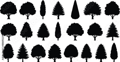 Black and white tree silhouette set featuring diverse deciduous and conifer shapes for landscape design, forestry illustration, and natural environment graphics