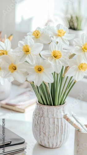 Video A decorative vase filled with white and yellow flowers placed on a table, suitable for various occasions