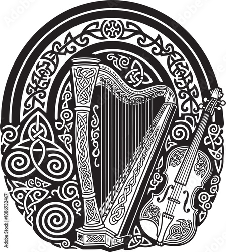 Celtic harp and fiddle with intricate knotwork design Vector