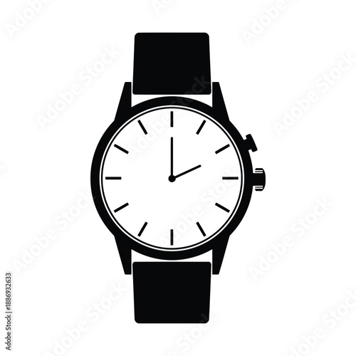 Simple black and white illustration of a wristwatch on white background time clock