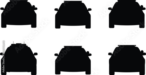 Silhouettes of six front-view cars with varied antenna and mirror features for automotive, transport, design, and vector content