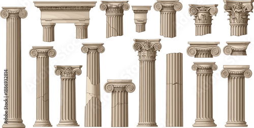 Ancient Greek and Roman classical columns illustration set featuring Doric, Ionic, and Corinthian architectural elements in detailed flat vector style