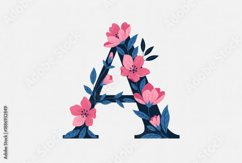 Decorative floral letter A with pink cherry blossoms