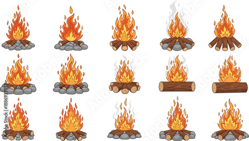 Cartoon campfire icons set with burning flames wooden logs and stones isolated on white background for camping survival game and illustration use