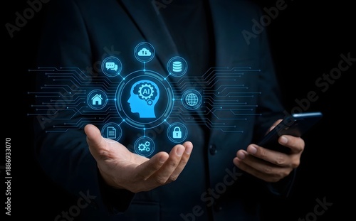 Wallpaper Mural Businessman displays a glowing network of ai and technology icons in his hand. Torontodigital.ca