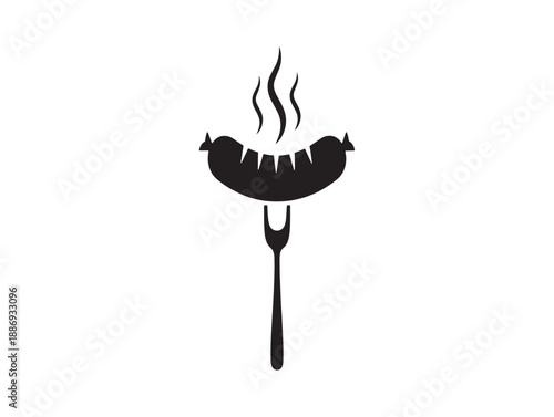 Black and white illustration of a sizzling sausage on a grill with a metal fork