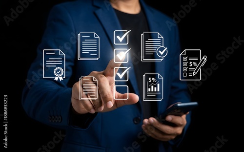 Wallpaper Mural Businessman points at a virtual screen displaying various document management and checklist icons. Torontodigital.ca