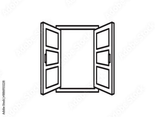 Simple line art illustration of an open window with a rectangular frame and divided panes