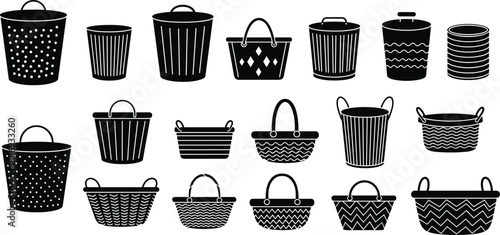 Black basket and container silhouette set with decorative patterns, minimalist storage icons collection isolated on white background vector illustration