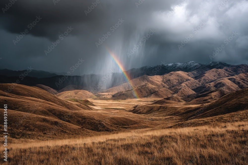 Fototapeta premium A vibrant rainbow arcs over a stormy landscape with rolling hills and dark clouds in the background