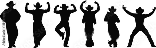 Silhouettes of dancing cowboy figures in expressive poses with hats and fringe outfits for western, performance, and vector design content