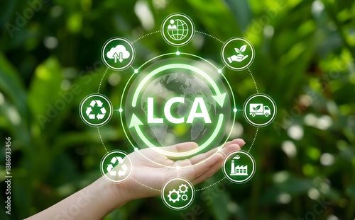 Wallpaper Mural Hand holding up a glowing lca icon encircled by various environmental and sustainability-related symbols against a green background. Torontodigital.ca