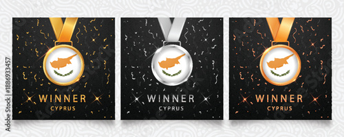A prestigious set of gold, silver, and bronze medals, each adorned with the national flag of Cyprus, presented on a dark background embellished with festive confetti and shimmering highlights, ideal f