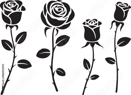 rose vector silhouette stems leaves and blossom set
