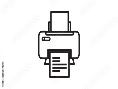 Simple black and white line art illustration of a modern printer with paper output