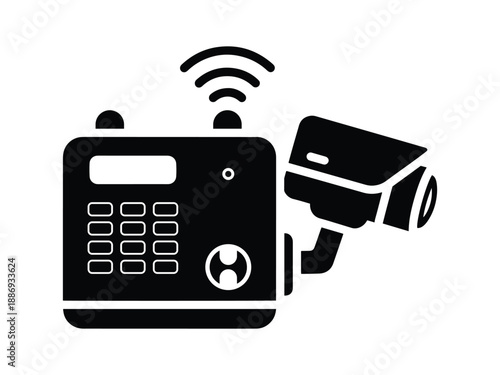 Home security system icons: keypad control panel, surveillance camera, and Wi-Fi connectivity for protection.