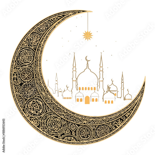 Golden Crescent Blessings: Ornate Moon Frame, Mosque Silhouette, Radiant Star, Tranquil Ramadan Reverie