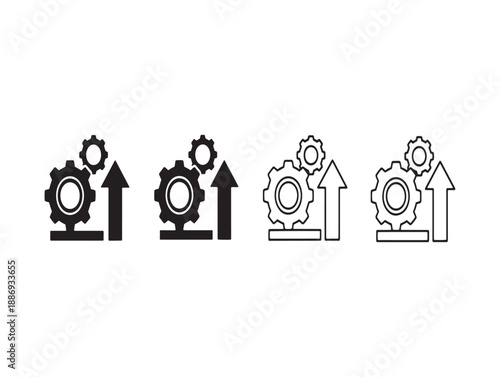 Four variations of a black and white gear and arrow icon representing progress and system upgrades