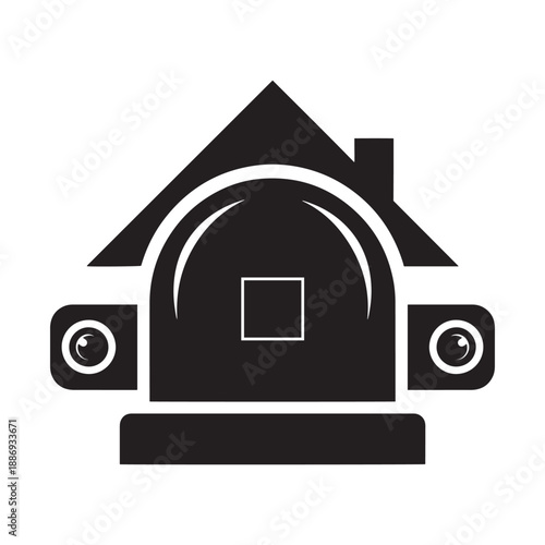 Home security system icon: camera integrated into house shape with protective shell and sensors.