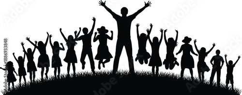 Crowd of happy people silhouettes jumping and cheering on grass hill, joyful community celebration, diverse group of friends having fun together, outdoor summer party