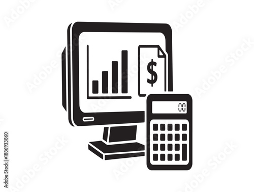 Financial data analysis concept with computer screen displaying charts and a calculator below