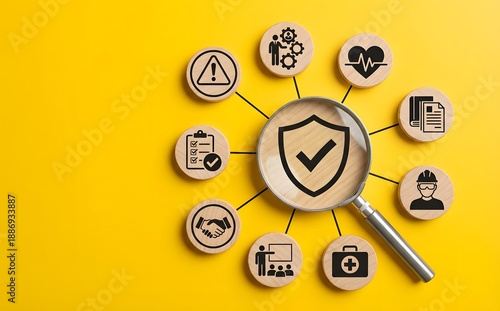Wallpaper Mural Magnifying glass highlights a security shield, surrounded by various related wooden icons on yellow. Torontodigital.ca