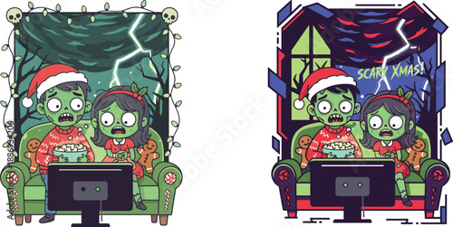 Cartoon zombie couple watching scary Christmas movie on couch with festive decor for horror, holiday, humor, and vector design content