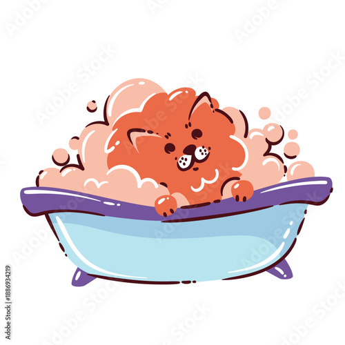 Cat bath grooming in cartoon doodle style. Cute kitten washing in foam bathtub, pet hygiene scene, fluffy cat care moment, animal grooming element. Cartoon vector illustration.