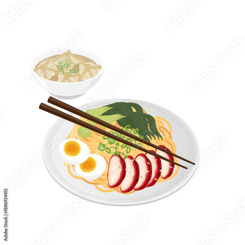 Vector Illustration logo Clip art Char Siu Chicken Noodles with Wonton Soup