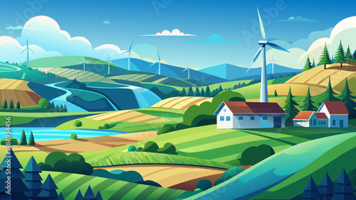Very beautiful countryside landscape in Luxembourg featuring rolling green fields, modern wind turbine, and fresh spring atmosphere beneath a clear blue sky, symbolizing sustainable rural Europe.