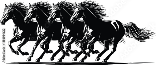 Four galloping horses running together, black and white stallion vector illustration, wild mustang herd in motion, equine sport design element for animal lovers